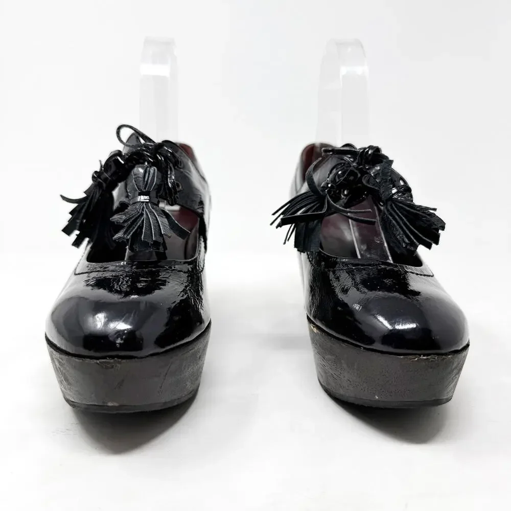 [Sonia Rykiel] Black Patent Leather Platform Wedges Tasseled Oxford Heels Sz 7.5
